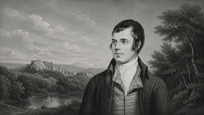 A Portrait of Robert Burns before a Scottish landscape